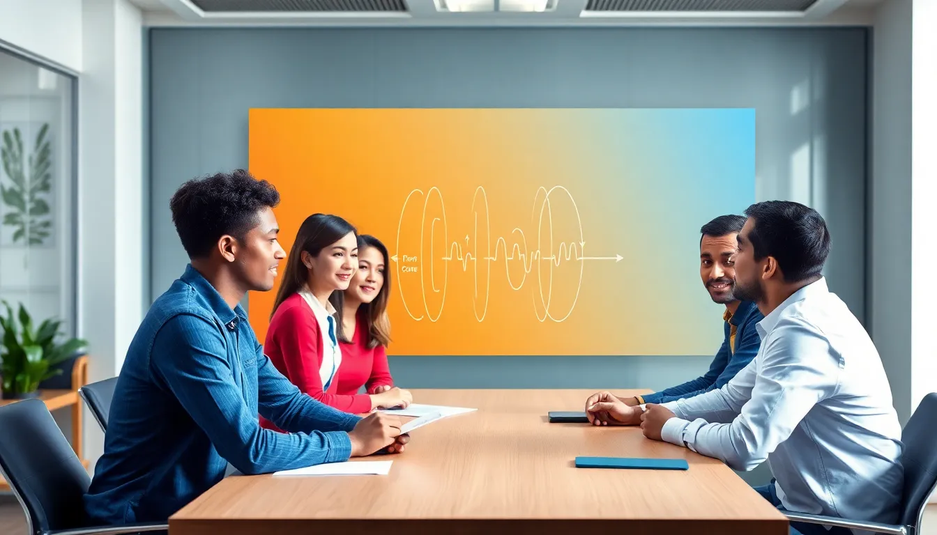 Professionals discussing sound wave propagation in a modern office.