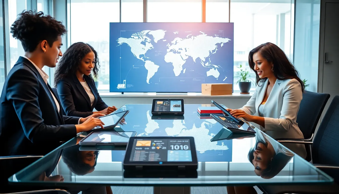 diverse team discussing in transit insurance in a modern office.