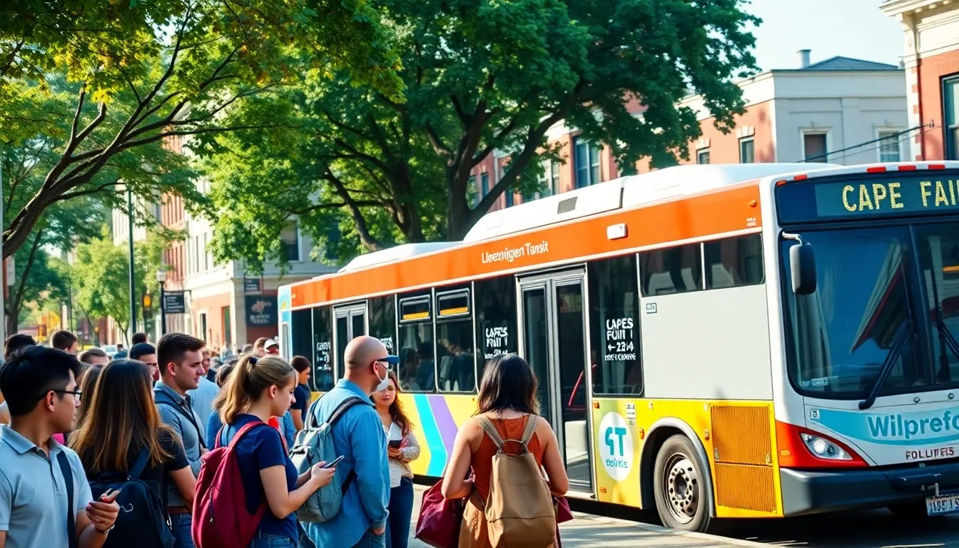 modern transit bus with diverse commuters in Wilmington neighborhood