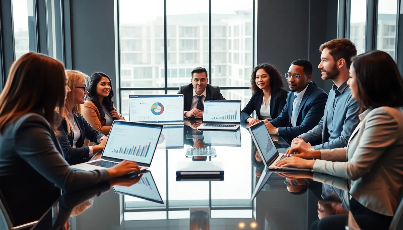 diverse team discussing transportation safety software in a modern office.