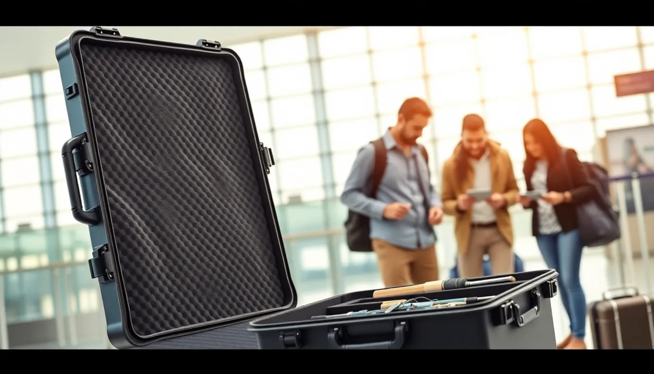 modern fishing rod case in an airport with travelers organizing gear.