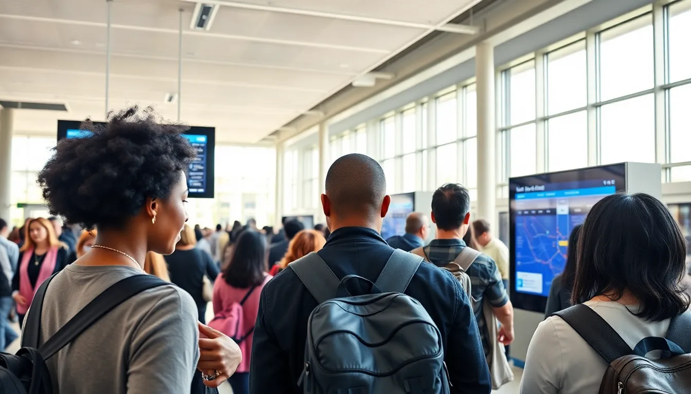 commuters using digital screens for transit information in a modern station.