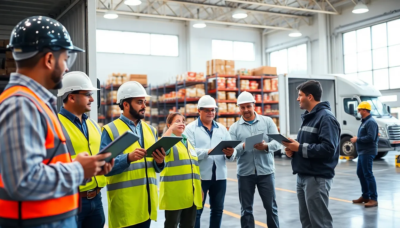 team inspecting temperature-controlled vehicles in a food distribution center.